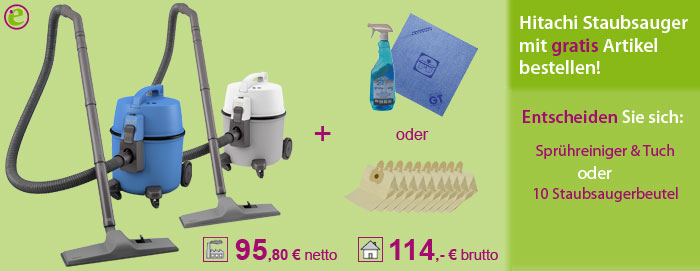 Hitachi Staubsauger Aktion - Banner Hitachi Staubsauger mit gratis Artikel bestellen! Entscheiden Sie sich: Sprühreiniger & Tuch oder 10 Staubsaugerbeutel. 95,80 € netto, 114,- brutto